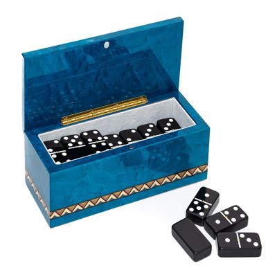 Bello Collezioni - Piazza Di Spagna Luxury Double Six Black Professional Jumbo Size Tournament Dominoes Set with Spinners from Italy in a Blue Briarwood Case