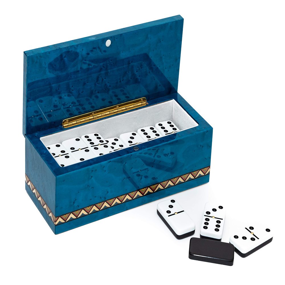 Bello Collezioni - Piazza Di Spagna Luxury Double Six Professional Jumbo Size Two Tone Tournament Dominoes Set with Spinners from Italy in a Blue Briarwood Case