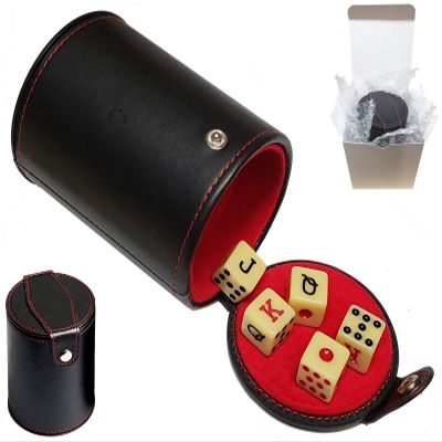 Cyber-Deals Set of Dice Cup with Storage Compartment Black PU Leather Red Felt Lined + (5) 16mm Poker Dice (Gift Boxed) (Spanish Poker (Squared Corners) - Bone)