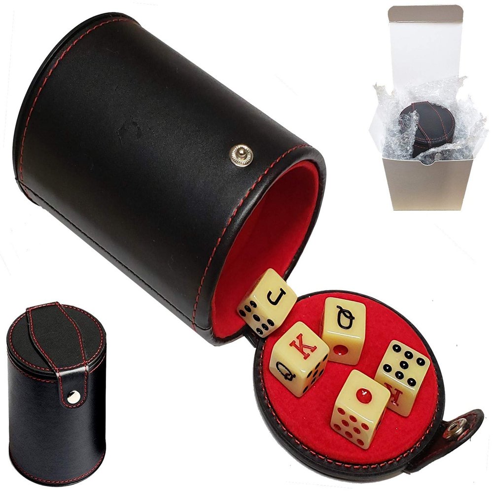Cyber-Deals Set of Dice Cup with Storage Compartment Black PU Leather Red Felt Lined + (5) 16mm Poker Dice (Gift Boxed) (Spanish Poker (Squared Corners) - Bone)