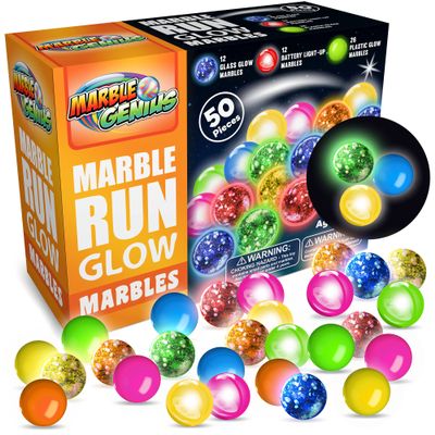 Marble Genius Glow in The Dark Marbles for Marble Run - 50 Pieces, Multicolor, Medium, Ages 4 & Up - Light-Up LED Orbs for Race Track & Colorful Play