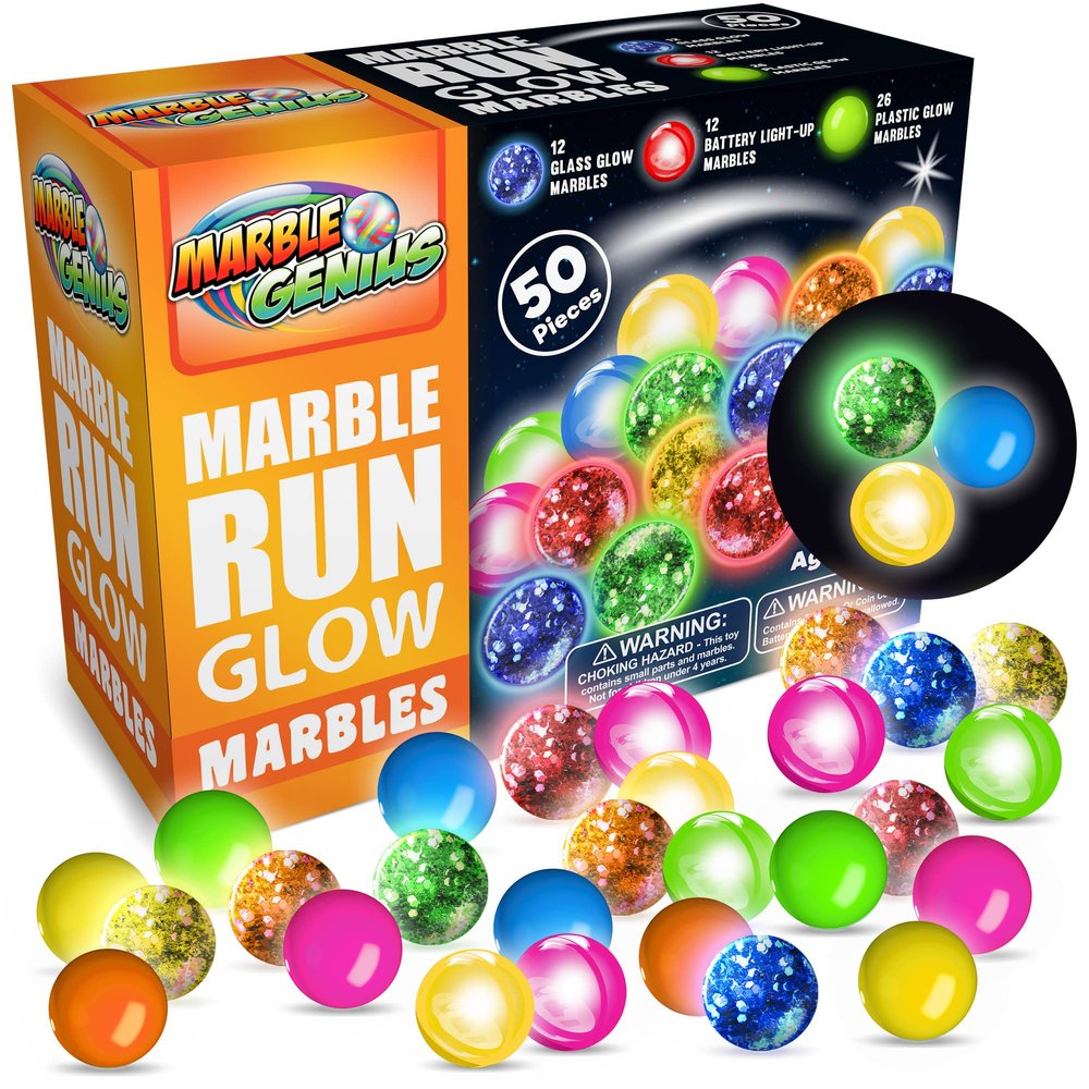 Marble Genius Glow in The Dark Marbles for Marble Run - 50 Pieces, Multicolor, Medium, Ages 4 & Up - Light-Up LED Orbs for Race Track & Colorful Play