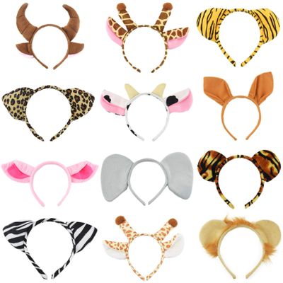 12 Pcs Zoo Animals Ears Headband Jungle Safari Animals Hairbands Plush Cartoon Headbands Elephant Lion Giraffe Tiger Zebra Leopard Cow Pig Ears Cosplay Hair Hoop for Birthday Halloween Costume Party