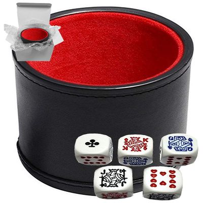 Cyber-Deals Set of Dice Cup Black PU Leather w/Plush Red Felt Lined + Poker Dice White Rounded Corners Clubs Ace (Gift Boxed)