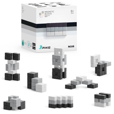PIXIO Noir - Tiny Magnetic Blocks Building Toy in The Pixel Art Style with Free App - 5/16" Plastic Cubes with 6 Magnets Inside - Open Ended Toy - Creativity Toy for Ages 6+ - 60pcs