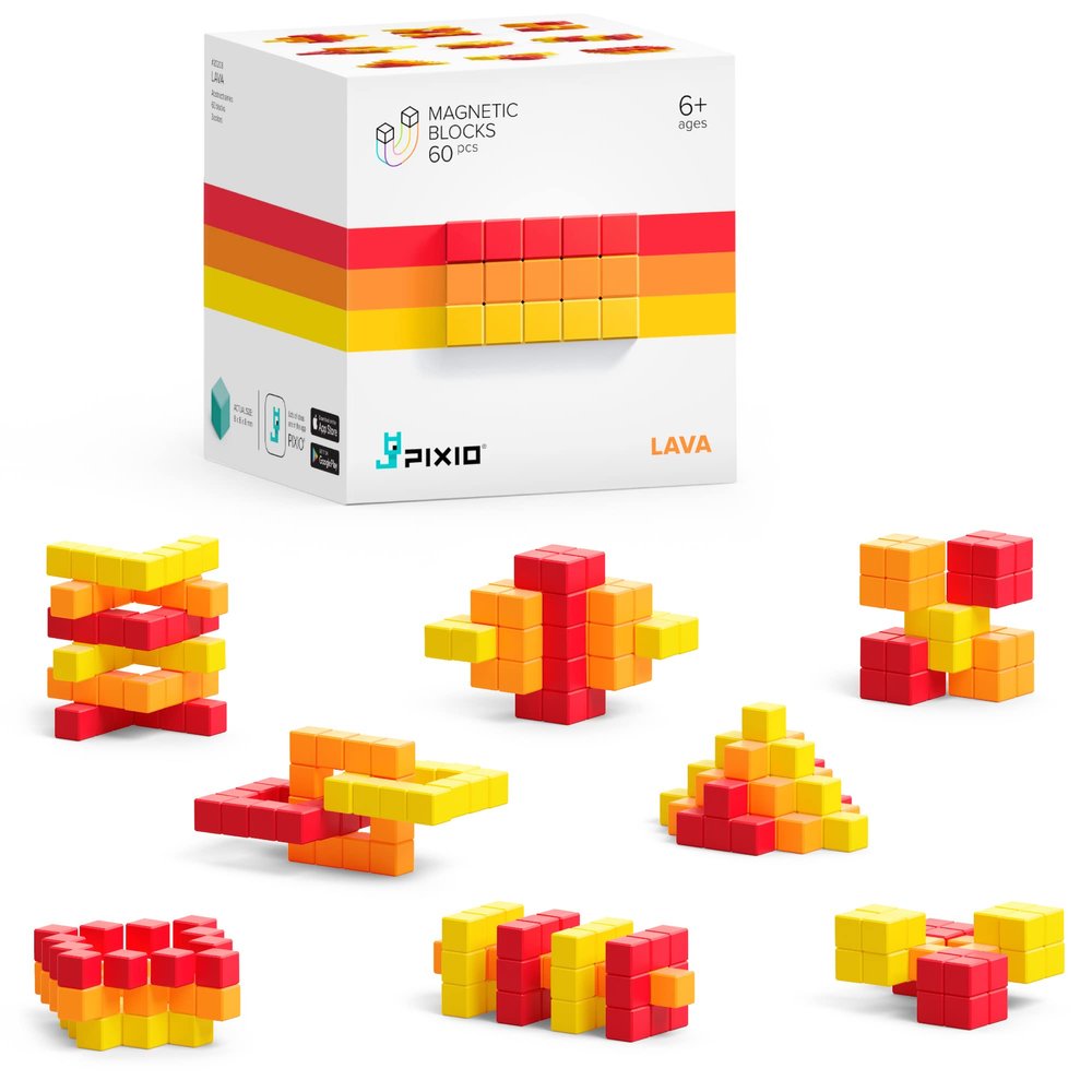 PIXIO Lava - Tiny Magnetic Blocks Building Toy in The Pixel Art Style with Free App - 5/16" Plastic Cubes with 6 Magnets Inside - Open Ended Toy - Creativity Toy for Ages 6+ - 60pcs