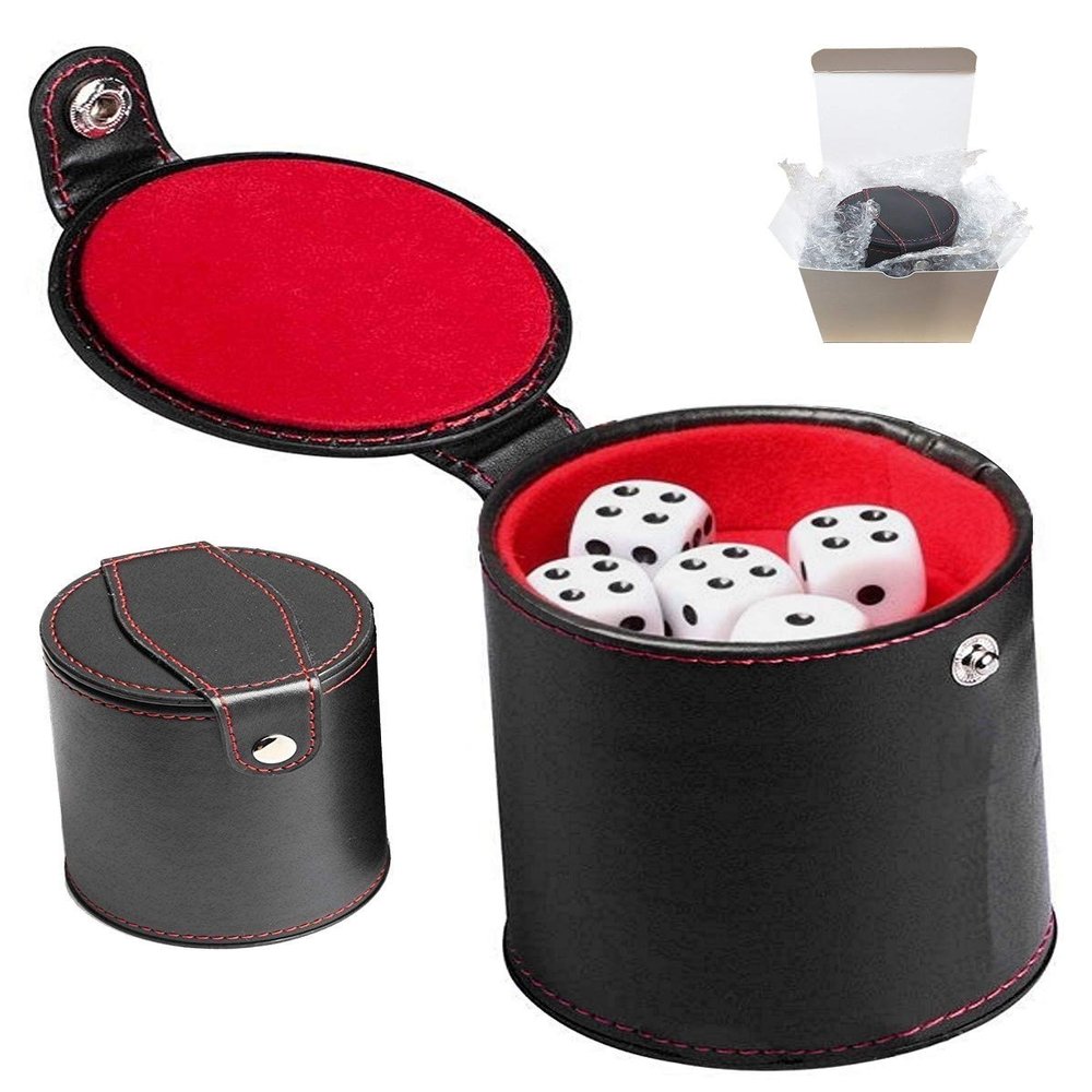 Cyber-Deals Set of Dice Cup with Storage Compartment Black PU Leather Red Felt Lined + (5) 16mm Poker Dice (Gift Boxed) (Pip/Dot Dice (Rounded Corners) - White)