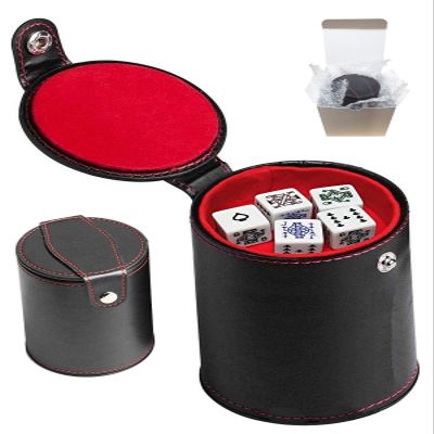 Cyber-Deals Set of Dice Cup with Storage Compartment Black PU Leather Red Felt Lined + (5) 16mm Poker Dice (Gift Boxed) (Poker (Squared Corners, Spades Ace) - White)