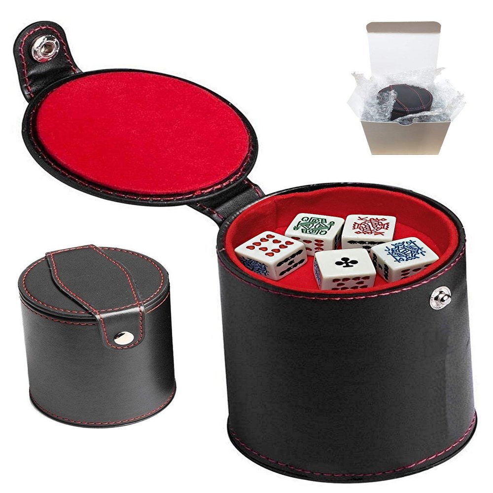 Cyber-Deals Set of Dice Cup with Storage Compartment Black PU Leather Red Felt Lined + (5) 16mm Poker Dice (Gift Boxed) (Poker (Squared Corners, Clubs Ace) - White)
