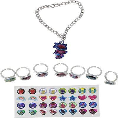 Luv Her Trolls Jewelry Box Set (7pcs Adjustable Rings, 1pc Charm Bracelet, 16 Pairs Sticker Earrings)