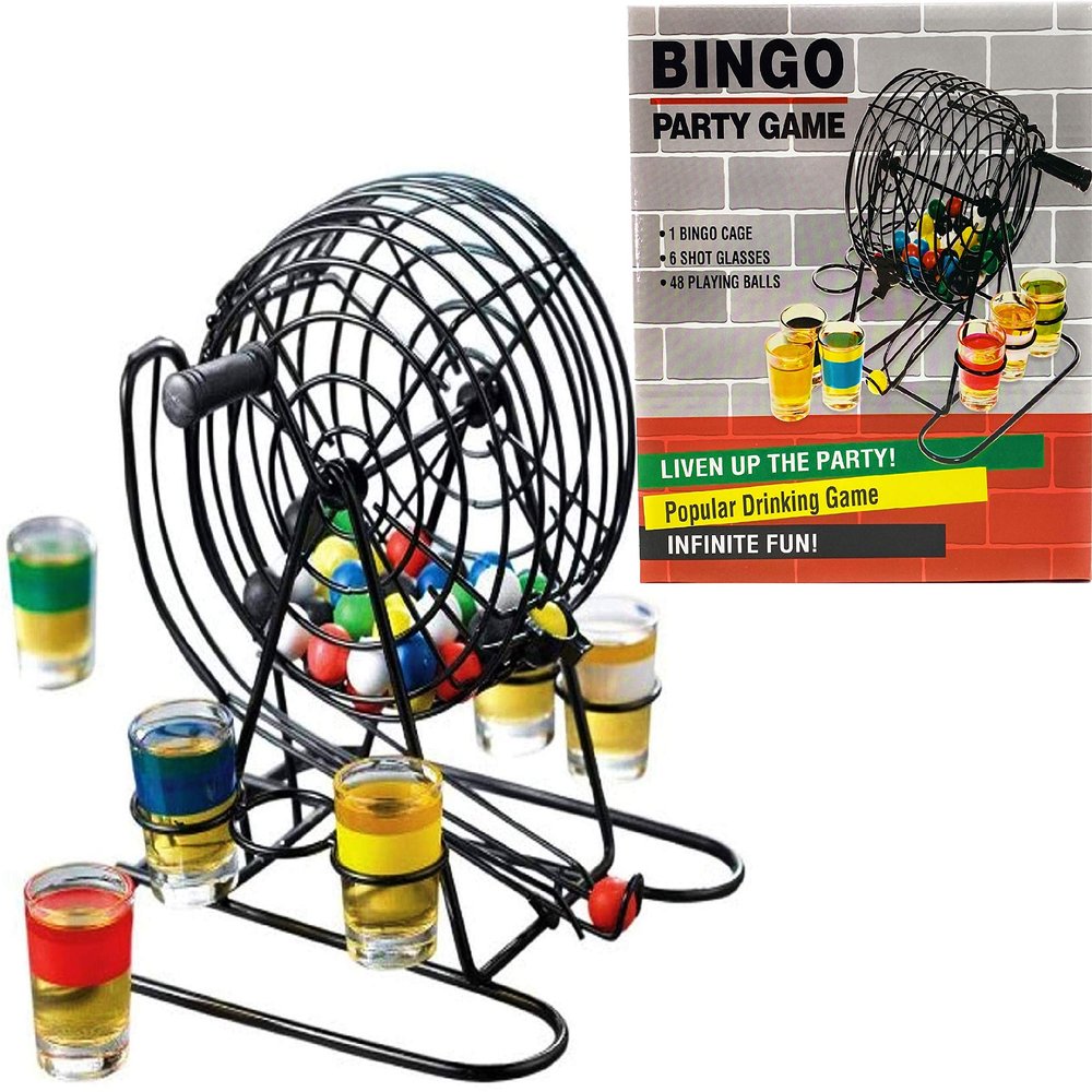 Matty's Toy Stop Drunken Bingo Deluxe Drinking Game Set with Metal Cage & Color Coded Shot Glasses