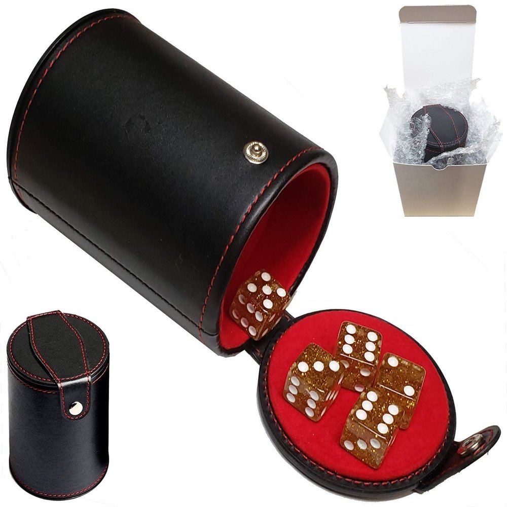Set of Dice Cup with Storage Compartment Black PU Leather Red Felt Lined + (5) 16mm Tranparent Dice (Gift Boxed) (Yellow Glitter)