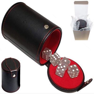 Set of Dice Cup with Storage Compartment Black PU Leather Red Felt Lined + (5) 16mm Tranparent Dice (Gift Boxed) (Clear Glitter)