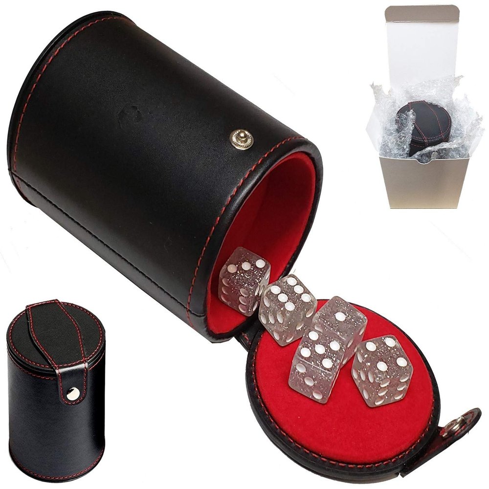 Set of Dice Cup with Storage Compartment Black PU Leather Red Felt Lined + (5) 16mm Tranparent Dice (Gift Boxed) (Clear Glitter)