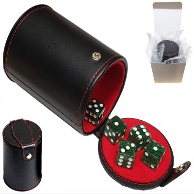 Set of Dice Cup with Storage Compartment Black PU Leather Red Felt Lined + (5) 16mm Tranparent Dice (Gift Boxed) (Green Glitter)