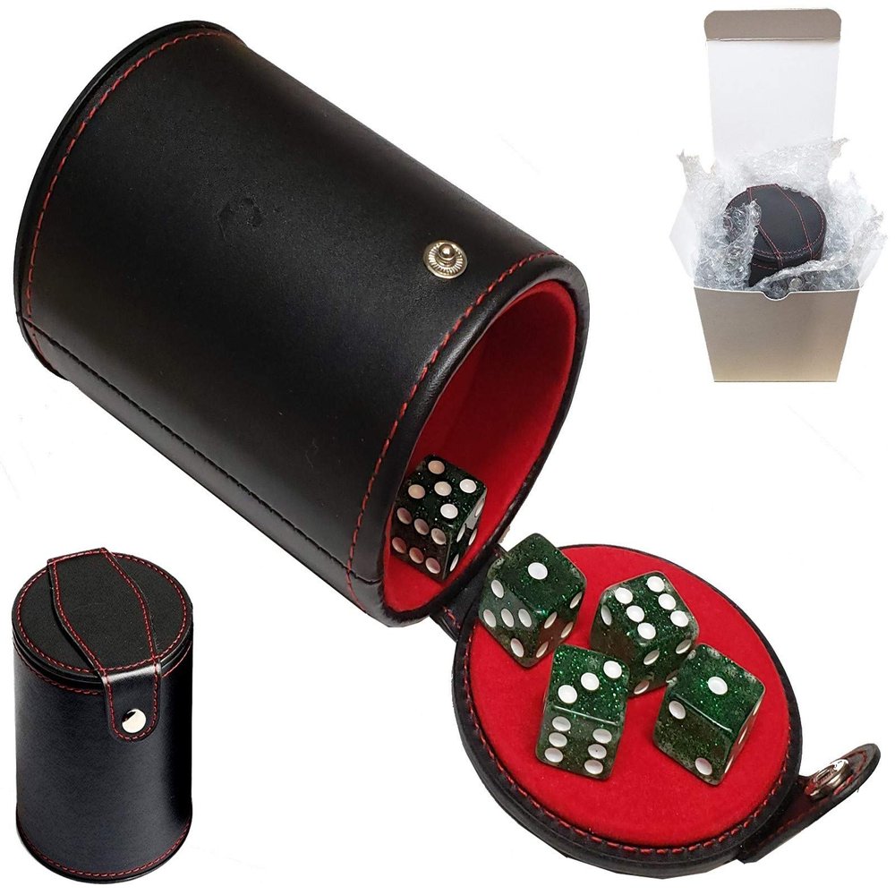 Set of Dice Cup with Storage Compartment Black PU Leather Red Felt Lined + (5) 16mm Tranparent Dice (Gift Boxed) (Green Glitter)