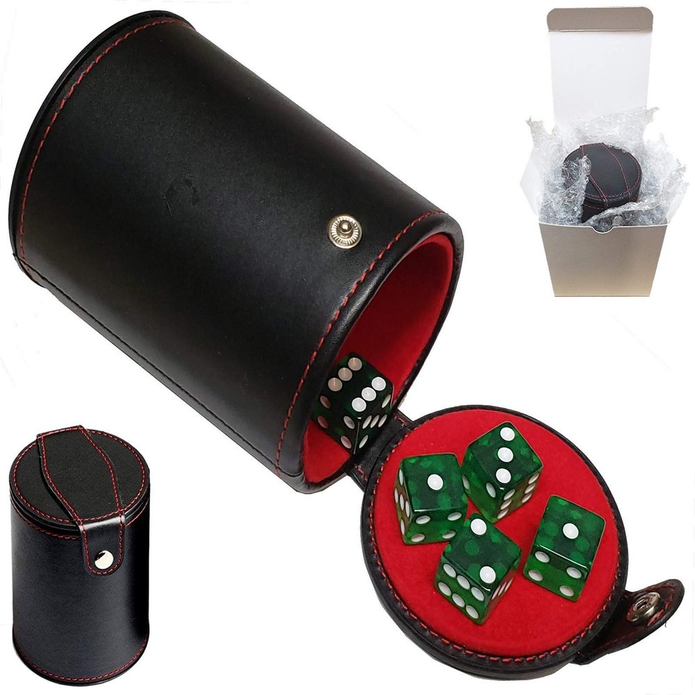 Set of Dice Cup with Storage Compartment Black PU Leather Red Felt Lined + (5) 16mm Tranparent Dice (Gift Boxed) (Green)