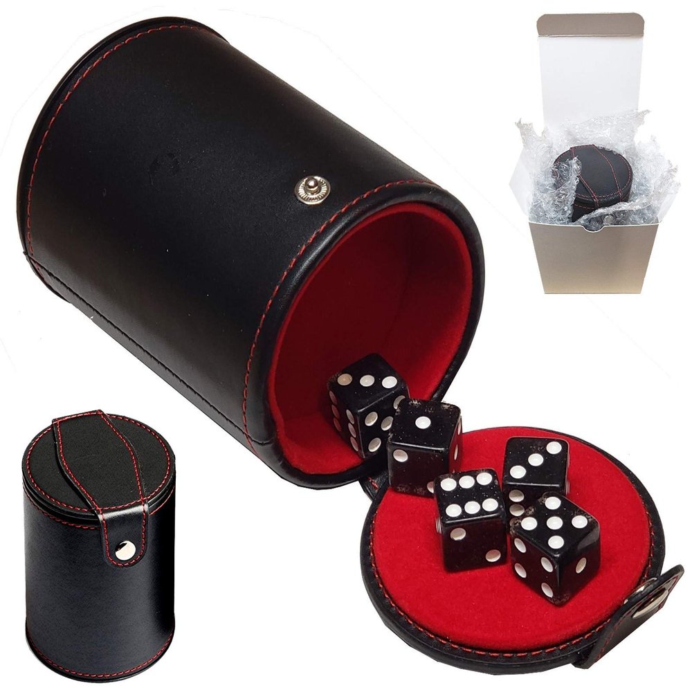 Set of Dice Cup with Storage Compartment Black PU Leather Red Felt Lined + (5) 16mm Transparent Dice (Gift Boxed) (Black Glitter)