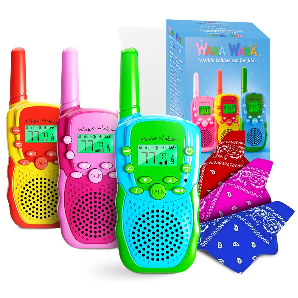Waka Waka Walkie Talkies for Kids (3 Pack, Yellow, Red, Green) Long Range Two-Way Walkie Talkie Set with Bandanas and Whistles Included Great for Indoor or Outdoor Play Gift for Boys and Girls