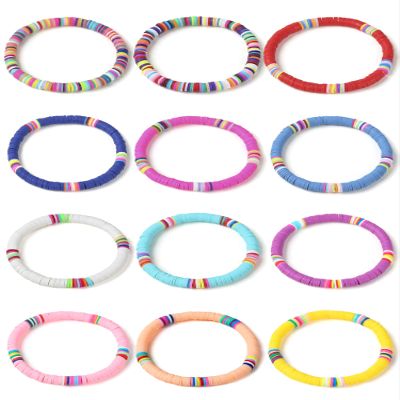 Cooluckday Heishi Surfer Bracelets for Women Boho Beaded Bracelet Friendship Polymer Clay Rainbow Bracelet Stack Vinyl Disc Stackable Bracelet