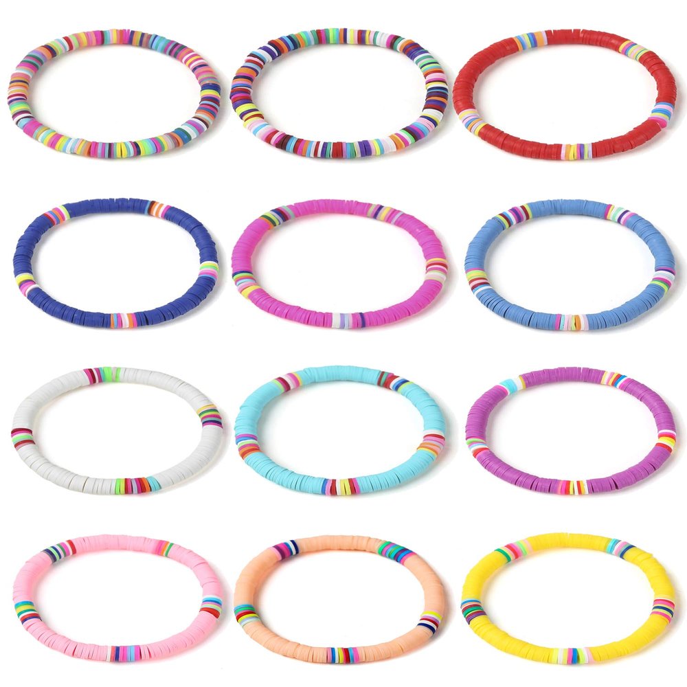 Cooluckday Heishi Surfer Bracelets for Women Boho Beaded Bracelet Friendship Polymer Clay Rainbow Bracelet Stack Vinyl Disc Stackable Bracelet