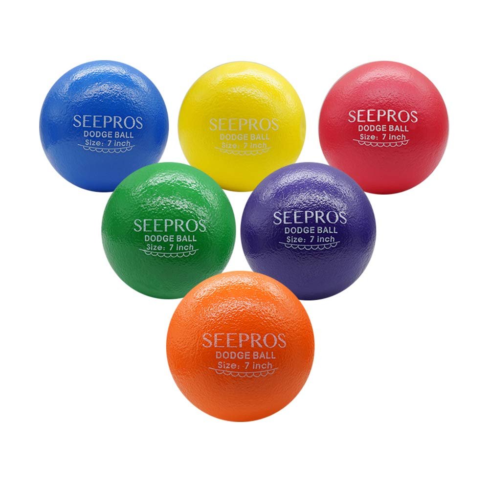 N-A SEEPROS Foam Dodgeball Set - Soft Skin, Low Bounce, Set of 6 with Mesh Storage Bag for Kids and Adults(7 inch)
