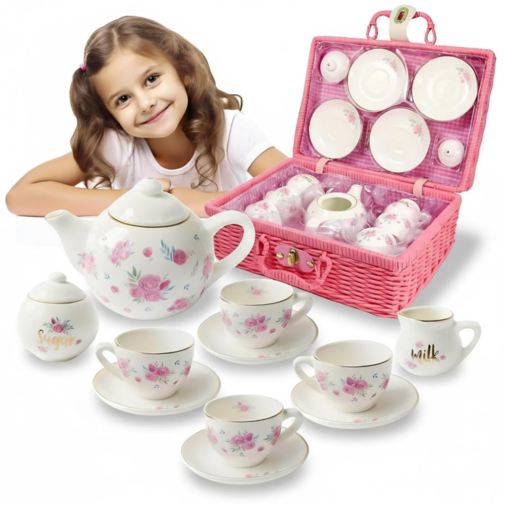 Porcelain Tea Set for Girls - Pink Ceramic Tea Cups with Pink Box - Glass Toy for Kids Party - Ideal Gift for Toddlers and Children's Ages 3 Years Old - Floral Design, 13 Pieces