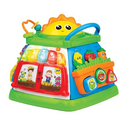 winfun Lil Greenthumb Activity Cube for Babies 6 Months+ | Educational Toy with Lights, Music, Shape Sorter, Spinners, Sliding Animals | CPS Stage 2 Learning Toy | Battery Operated Fun