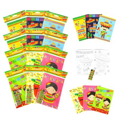 TINYMILLS Mexican Fiesta Coloring Book Set for Kids Party Favors with 12 Coloring Books and 48 Crayons Fiesta Party Favor Bag Filler Spanish Classroom Rewards Cinco de Mayo Party Favors