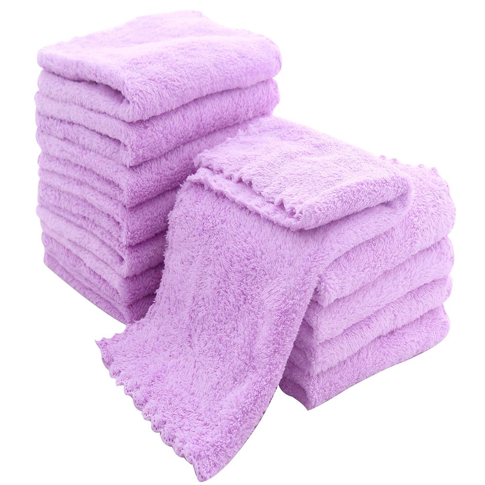 12 Pack Baby Washcloths - Extra Absorbent and Soft Wash Clothes for Newborns, Infants and Toddlers - Suitable for Baby Skin and New Born - Microfiber Coral Fleece 12x12 Inches, Violet Purple
