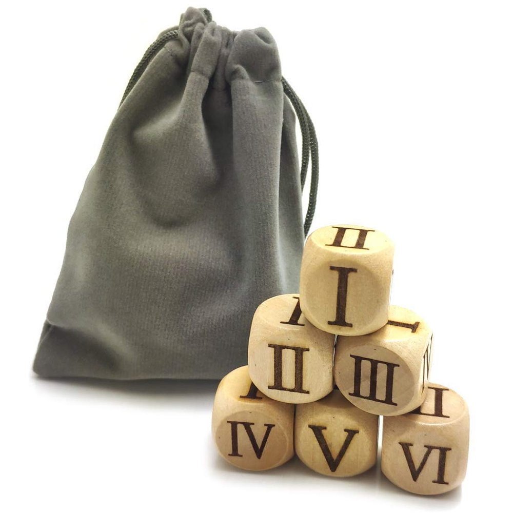 Hometu Set of 6 Pieces 20MM Wood Dice Set Creative Design Roman Number Pattern Wood Rolling Dices Party Game Roll Decider