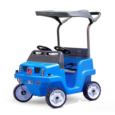Step2 Side-by-Side Push Around SUV, 2-Seater Kids Push Car with Seat Belts, Dual Steering Wheels & Horns, Adjustable Canopy, Ages 18 months5 years, Max 100 lbs., Durable Plastic, Blue