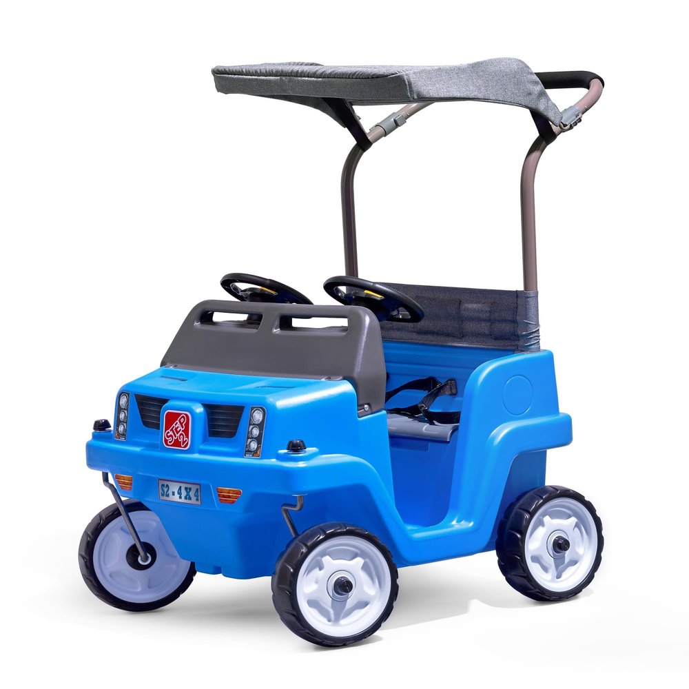 Step2 Side-by-Side Push Around SUV, 2-Seater Kids Push Car with Seat Belts, Dual Steering Wheels & Horns, Adjustable Canopy, Ages 18 months5 years, Max 100 lbs., Durable Plastic, Blue