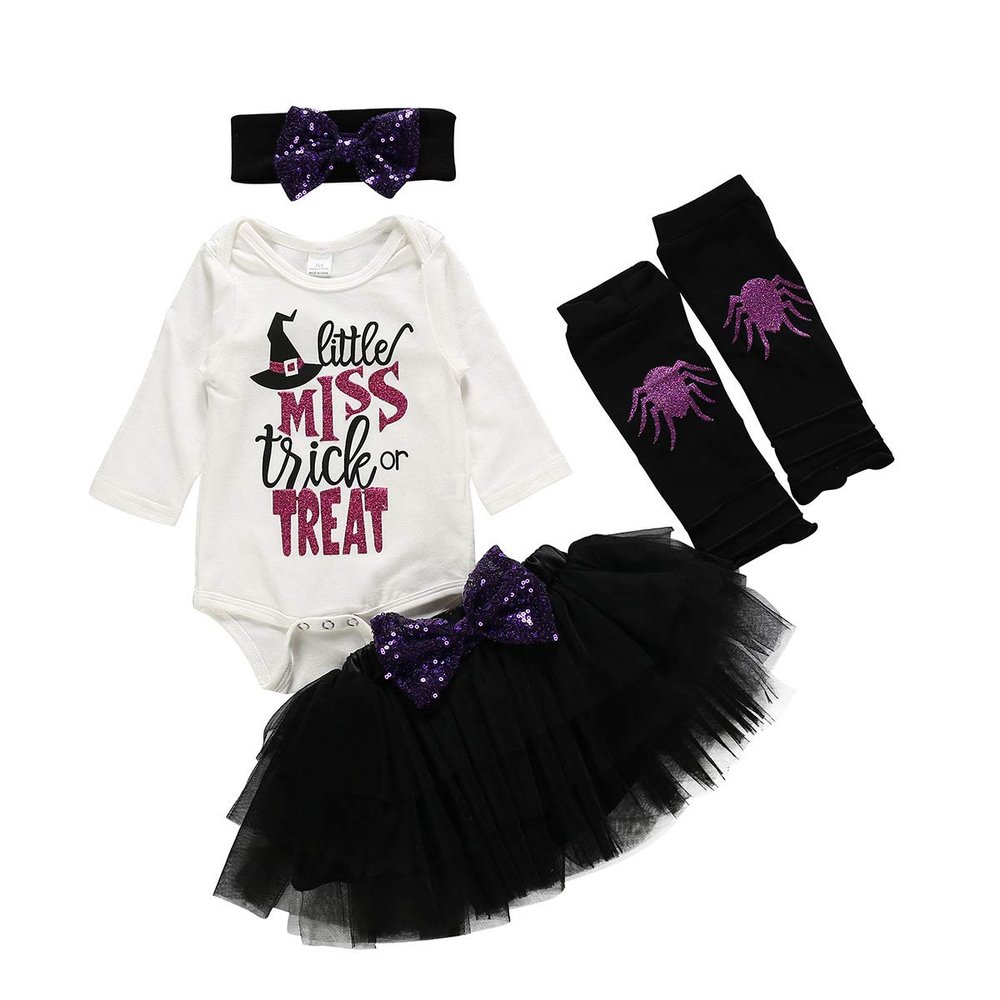 4Pcs Baby Girl Halloween Costume Long Sleeve Letter Print Bodysuit+Tulle Tutu Skirt+Leg Warmers+Headband Outfits Set (White-Letter hat,3-6 Months)