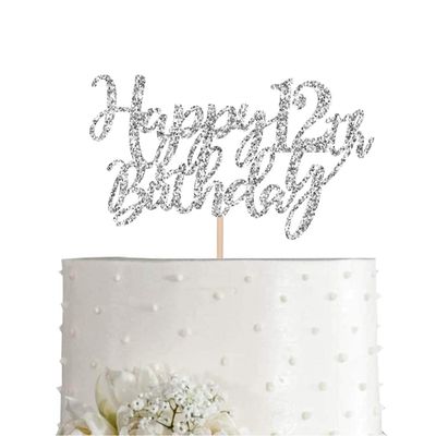 12 Silver Glitter Happy 12th Birthday Cake Topper, Birthday Party Decorations, Supplies, cake topper