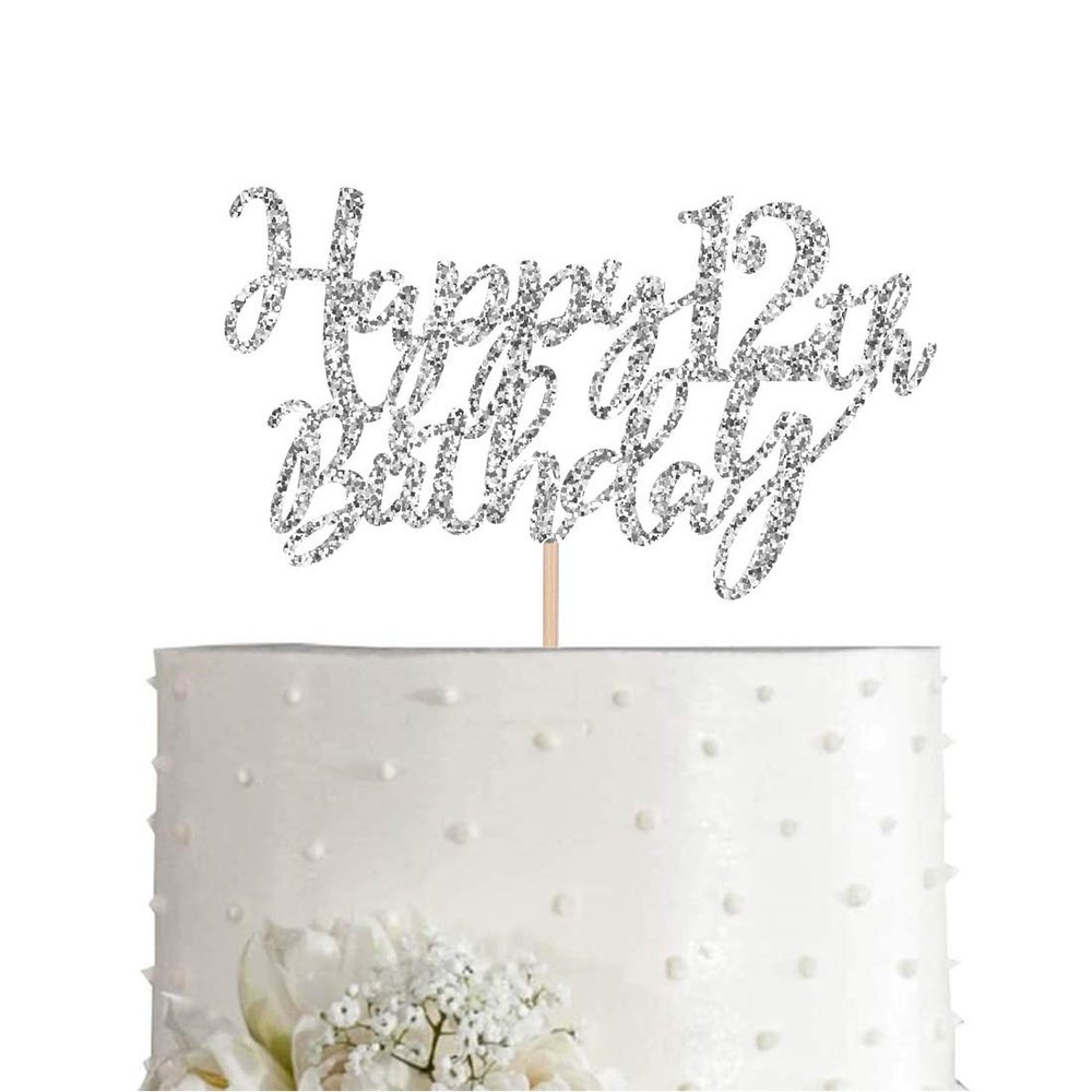 12 Silver Glitter Happy 12th Birthday Cake Topper, Birthday Party Decorations, Supplies, cake topper