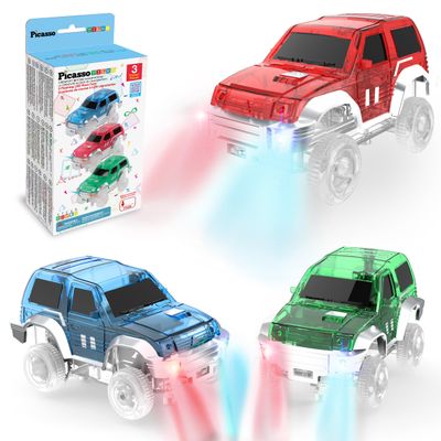 PicassoTiles 3 Magnetic Toy Cars Set Light Up LED Highly Detailed Compatible with Magnet Car Race Track STEM Truck Replacement Accessories Educational Building Kits for Toddlers Boys & Girls Ages 3+