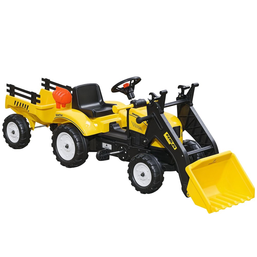 Aosom Kids Ride-On Excavator, Pedal Car Bulldozer, Move Forward/Back with Real Working Dirt Bucket, 6 Wheels, & Cargo Trailer