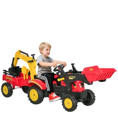 Aosom 3 in1 Kids Ride On Excavator/Bulldozer, Pedal Car Digger Toy Move Forward/Back with 6 Wheels and Detachable Cargo Trailer