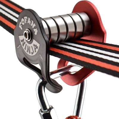 Fofana Ninja Slider Slackline Pulley - Red, Stainless Steel - Transforms Slackline Into Zip String - Quick 2-Min Setup for Backyard Obstacle Course - 250 lb Capacity for Kids Outdoor Play Equipment