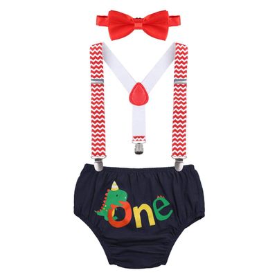 Baby Boy First 1st Birthday Cake Smash Outfit Dinosaur One Year Party Adjustable Y-Back Suspenders Bloomers Diaper Cover Pants Bow Tie 3pcs Clothes Set Photo Props Navy Blue 12-18M