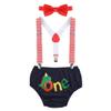 Baby Boy First 1st Birthday Cake Smash Outfit Dinosaur One Year Party Adjustable Y-Back Suspenders Bloomers Diaper Cover Pants Bow Tie 3pcs Clothes Set Photo Props Navy Blue 12-18M view 1