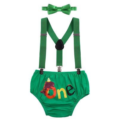 Baby Boy First 1st Birthday Cake Smash Outfit Dinosaur One Year Party Adjustable Y-Back Suspenders Bloomers Diaper Cover Pants Bow Tie 3pcs Clothes Set Photo Props Green 12-18M