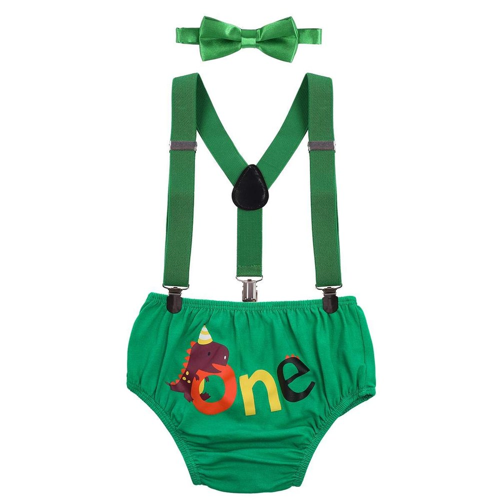 Baby Boy First 1st Birthday Cake Smash Outfit Dinosaur One Year Party Adjustable Y-Back Suspenders Bloomers Diaper Cover Pants Bow Tie 3pcs Clothes Set Photo Props Green 12-18M