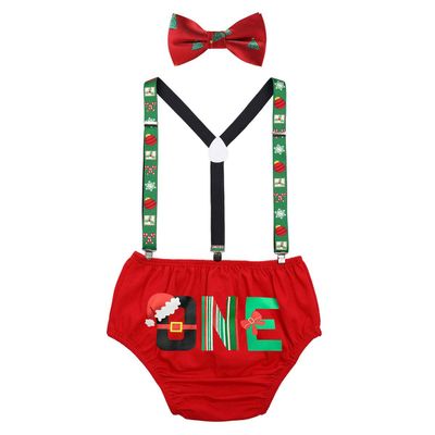 Baby Boy First Outfit 1st Birthday Cake Smash Set Photo Props Santa Hat One Bloomers Shorts Pants Diaper Covers Y-back Suspenders Bow Tie 3pcs Clothes Set Photography Red 6-12M