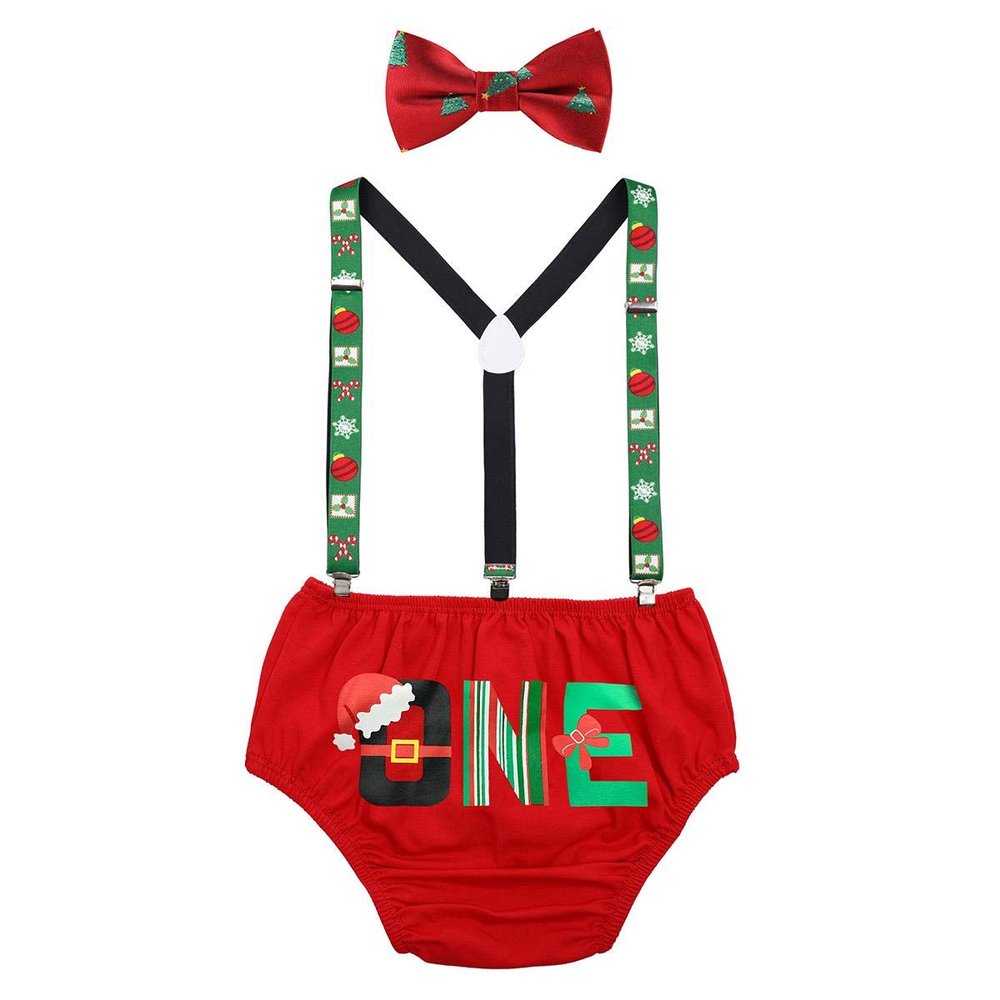 Baby Boy First Outfit 1st Birthday Cake Smash Set Photo Props Santa Hat One Bloomers Shorts Pants Diaper Covers Y-back Suspenders Bow Tie 3pcs Clothes Set Photography Red 6-12M