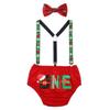 Baby Boy First Outfit 1st Birthday Cake Smash Set Photo Props Santa Hat One Bloomers Shorts Pants Diaper Covers Y-back Suspenders Bow Tie 3pcs Clothes Set Photography Red 6-12M view 1