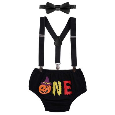 Baby Boy 1st First Outfit Birthday Party Cake Smash Set Letter One Pumpkin Bloomers Shorts Pants Diaper Cover Y-Back Suspenders Bow Tie 3pcs Clothes Set Photo Props Black 6-12 Months
