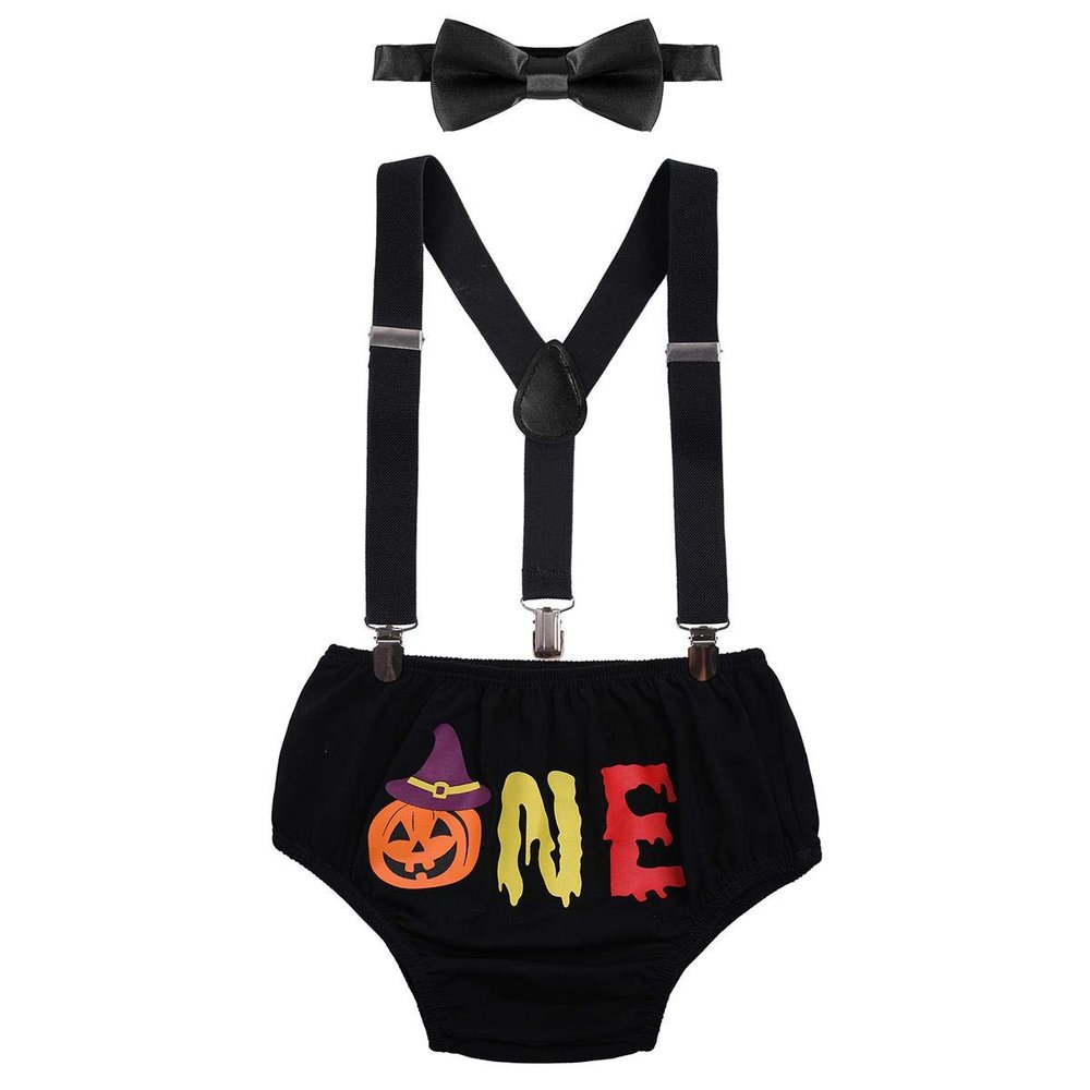Baby Boy 1st First Outfit Birthday Party Cake Smash Set Letter One Pumpkin Bloomers Shorts Pants Diaper Cover Y-Back Suspenders Bow Tie 3pcs Clothes Set Photo Props Black 6-12 Months