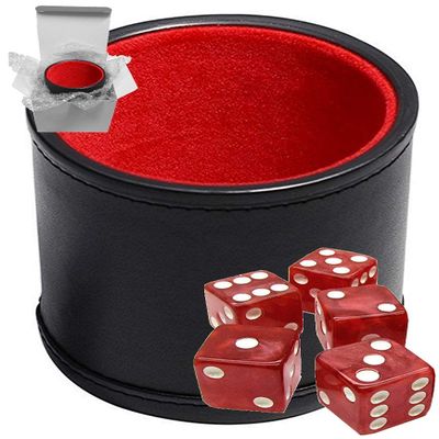 Cyber-Deals Set of 16mm Marbleized Squared Corners Dice and Black PU Leather Dice Cup Plush Velvet Lined - Gift Boxed (Red Dice, Black/Red Cup)